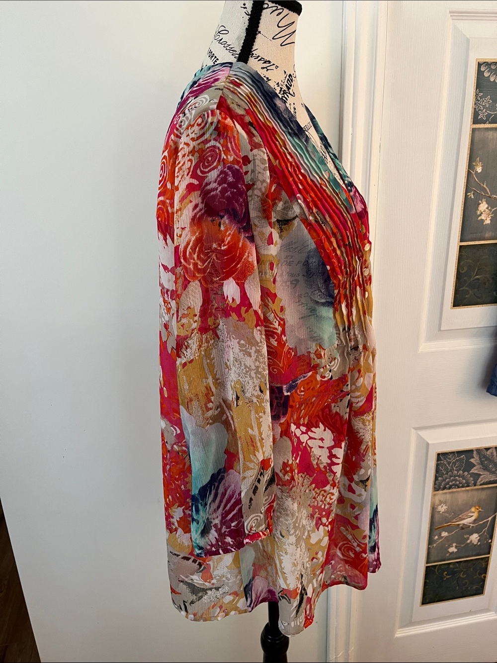 Tribal Multicolor Floral Pleated Tunic - Red, Pink, Orange, Yellow, Blue, Green - Picture 3 of 8